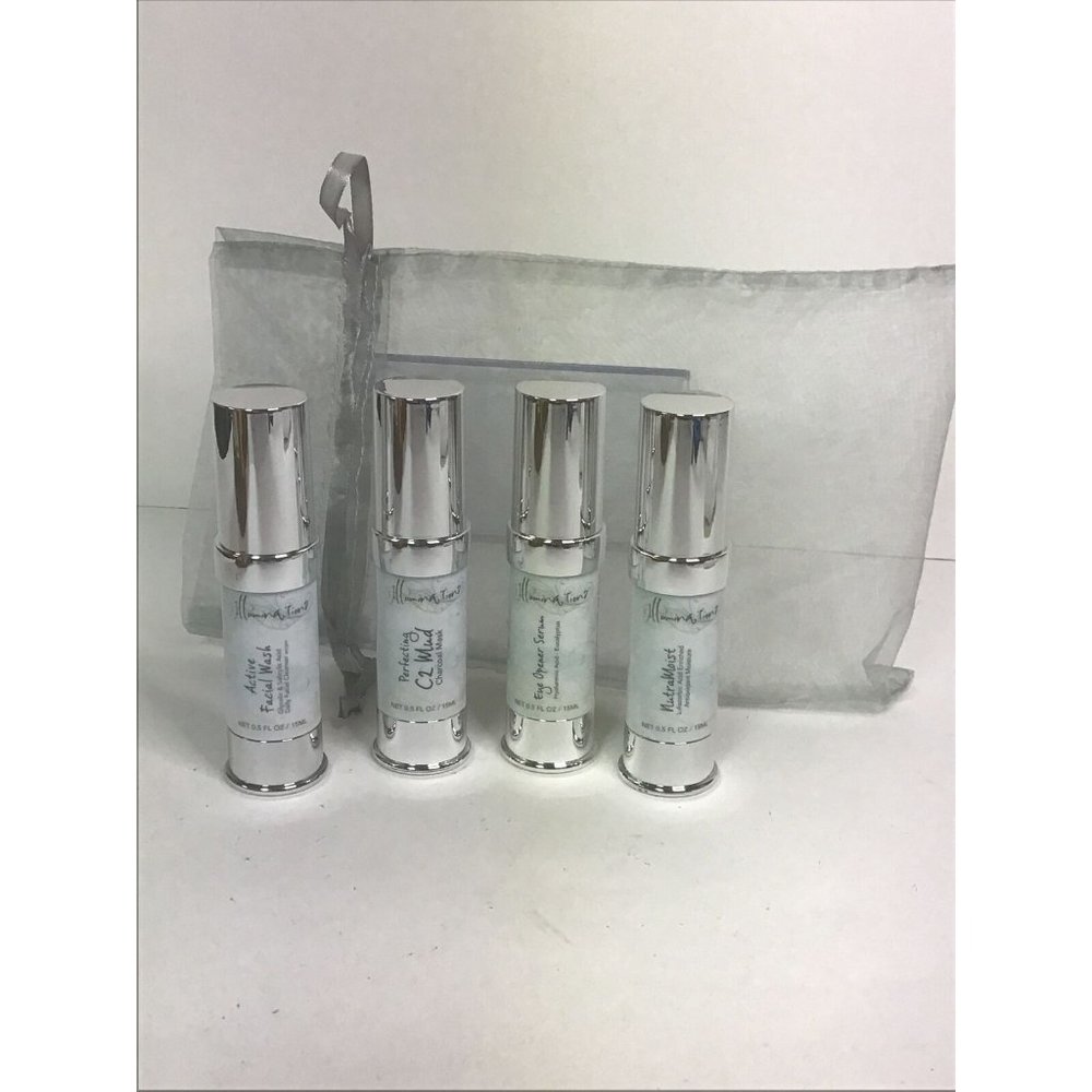 Illuminations Facial .5oz  Set. Active Wash, Eye Opener, Nutramoist, Mask